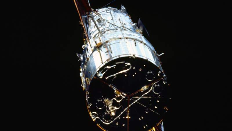 The Hubble Space Telescope against black space, seen from Space Shuttle Endeavour